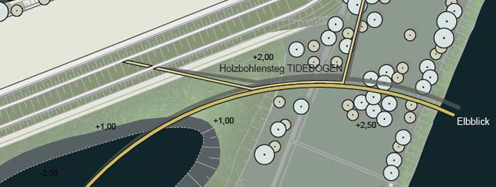 Figure 4: Example of one ’brick‘ of the tidal park concept: a bridge that connects the water expanse of the Elbe estuary and the new shallow water area  