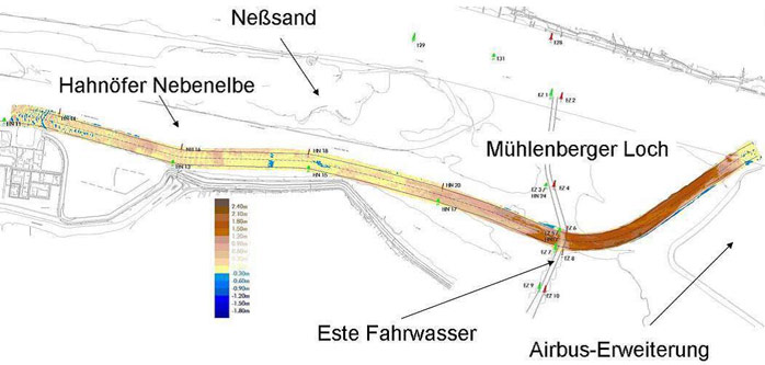 Figure 2: Position and design of the \'A+E Rinne\', the different colors show the sedimentation tendencies after two years