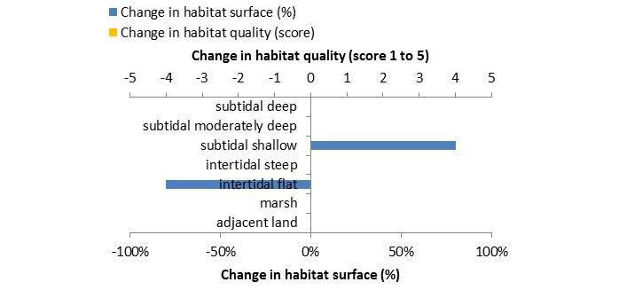 Figure 3: Ecosystem services analysis for Compensation channel ‘Hahnöfer Nebenelbe’: Indication of habitat surface and quality change, i.e. situation before versus after measure implementation.