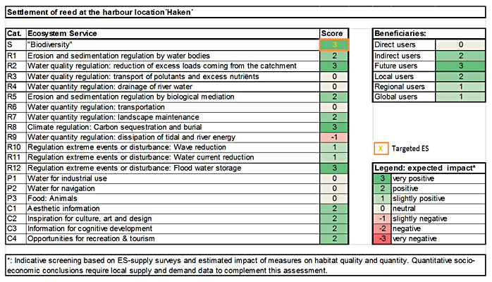 Table 1: Ecosystem services analysis for Settlement of reed at the harbour location´Haken´: (1) expected impact on ES supply in the measure site and (2) expected impact on different beneficiaries as a consequence of the measure.