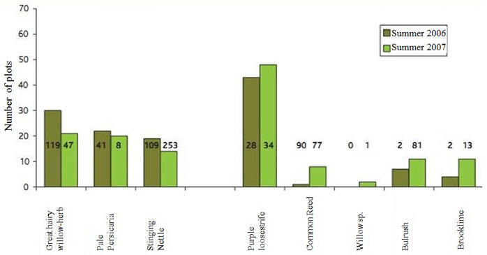 Figure 20. Appearance (number of plots) of some characteristic species at Lippenbroek in the summer of 2006 and 2008. In total 70 plots were monitored (10 sites with 7 plots). The left handed species are terrestrial species