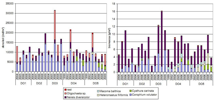 Figure 12. Average density (left) and biomass (right) per specie per year (Speybroeck et al. 2011)