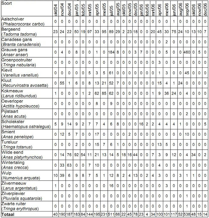 Table 1. Number of water birds identified on the Paardenschor between October 2004 and December 2006 (Van den Neucker et al. 2007)