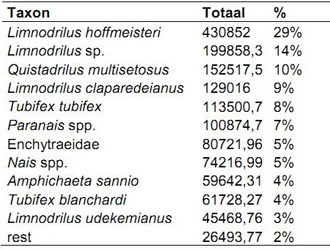 Table 1. Relative proportion of taxa of Oligochaeta Heusden without the not determined Tubificides with or without hair (Speybroeck et al. 2011).