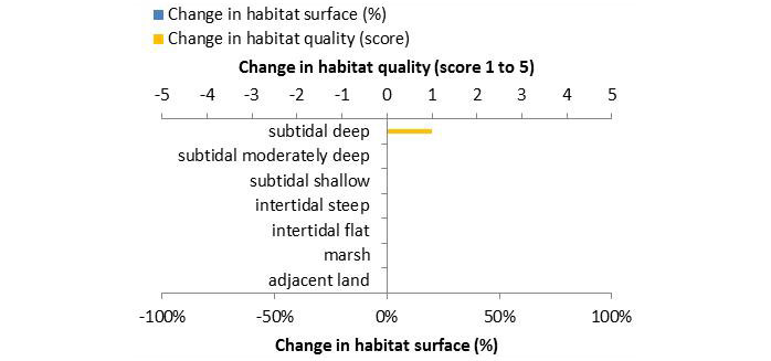 Figure 11. Ecosystem services analysis for TIDE pilot project 2 (Scheldt) near Ketelplaat: Indication of habitat surface and quality change, i.e. situation before versus after measure implementation. The change in habitat quality, i.e. situation after the measure is implemented corrected for the situation before the measure, is ‘1’ in case of a very low quality shift, and ‘5’ in case of a very high quality shift.