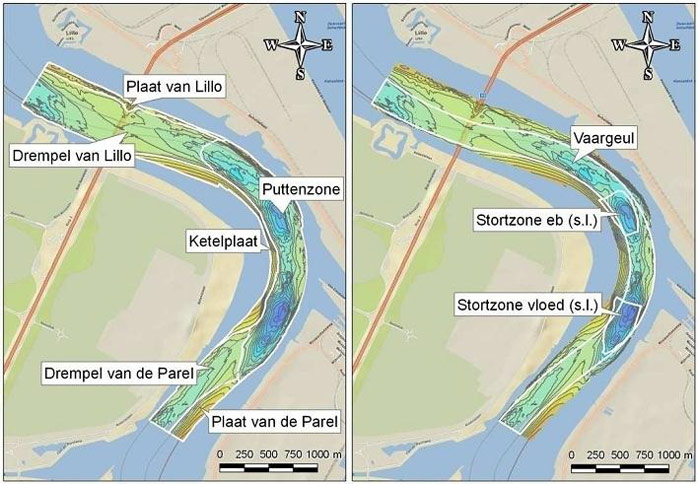 Figure 2. Study area: navigation channel near Ketelplaat with two deep relocation areas (northern site or low tide site ‘Stortzone eb’ and southern site or high tide site ‘stortzone vloed’). The navigation channel that is studied is limited in the north by the ‘Plaat van Lillo’ and in the south by the ‘Drempel van de Parel’. (IMDC 2011)
