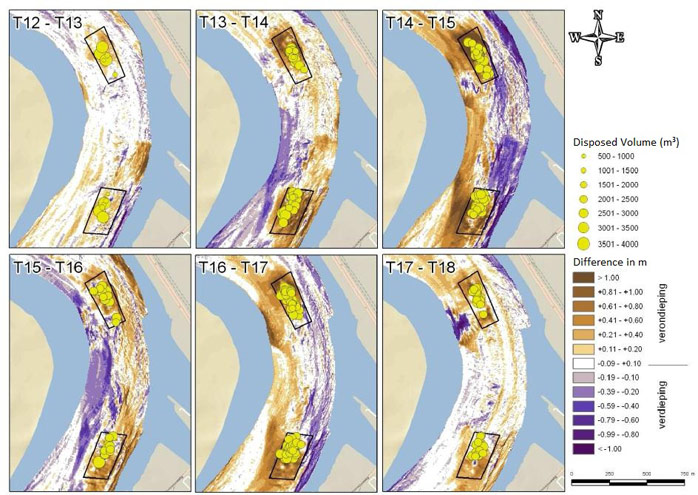 Figure 4. Relocation volumes per time during the relocation test. Also the relocation areas are identified. (IMDC 2011)