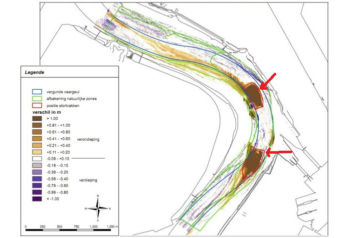 Figure 5. Difference during the relocation period in the deep areas of the Ketelplaat (IMDC 2011)