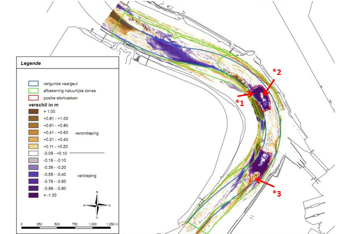 Figure 8. Difference after the relocation period in the deep areas of the Ketelplaat: deepening (*1), no effect (*2), elevation (*3) (IMDC 2011)