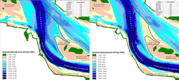 Figure 4. Location relocation area Walsoorden sandbar (left), bathymetry disposal area in 2015 (right) (Plancke et al. 2008)
