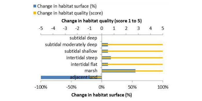 Figure 4: Ecosystem services analysis for Realignment Wrauster Bogen: Indication of habitat surface and quality change, i.e. situation before versus after measure implementation.