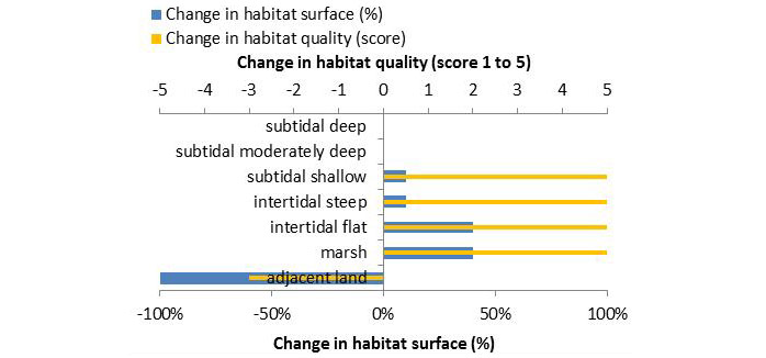 Figure 4: Ecosystem services analysis for measure ‚Tegeler Plate – Development of tidally influenced brackish water habitats’: Indication of habitat surface and quality change, i.e. situation before versus after measure implementation.