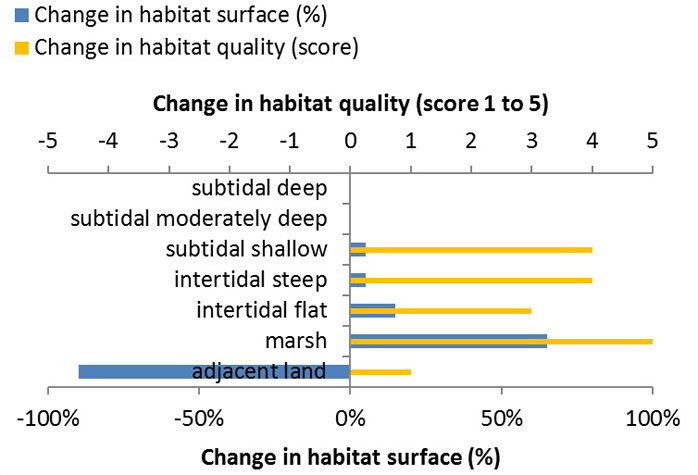 Figure 11: Ecosystem services analysis for Paull Holme Strays Managed Realignment: Indication of habitat surface and quality change, i.e. situation before versus after measure implementation.