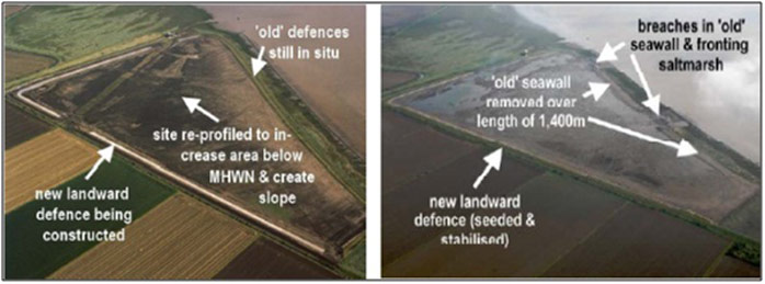 Figure 3: Rear embankment construction and re-profiling at Welwick in 2005 and Figure 3:  Welwick shortly after seawall removal (i.e. first inundation) in December 2006