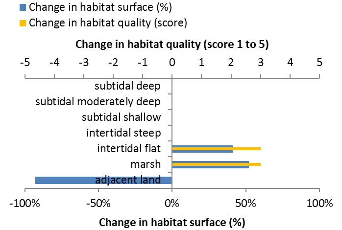 Figure 8: Ecosystem services analysis for Welwick: Indication of habitat surface and quality change, i.e. situation before versus after measure implementation.