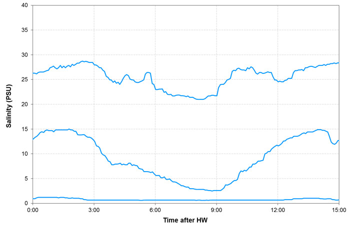 Figure 1 – Salinity variation (3 stations in the Elbe) over a single tidal cycle when riverine discharge is high (15 feb 2004). Stations are located at TIDE km 108 (low salinity values), TIDE km 133 (intermediate PSU values) and TIDE km 162 (high salinity values) (see Figure 10 for locations)