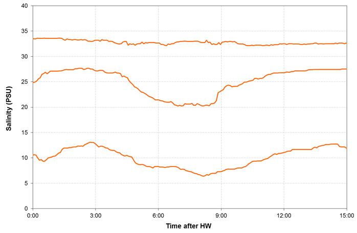 Figure 2 – Salinity variation (3 stations in the Elbe) over a single tidal cycle when riverine discharge is low (20 oct 2004). Stations are located at TIDE km 108 (low salinity values), TIDE km 133 (intermediate PSU values) and TIDE km 162 (high salinity values) (see Figure 10 for locations). Same stations as presented in Figure 1