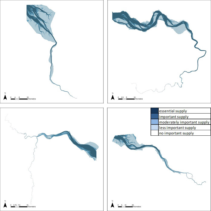 Figure 23 Transport of pollutants and nutrients in the Weser, Scheldt, Humber and Elbe estuary based on average habitat-specific supply scores per salinity zone, and involving local and site-specific scientific expertise.