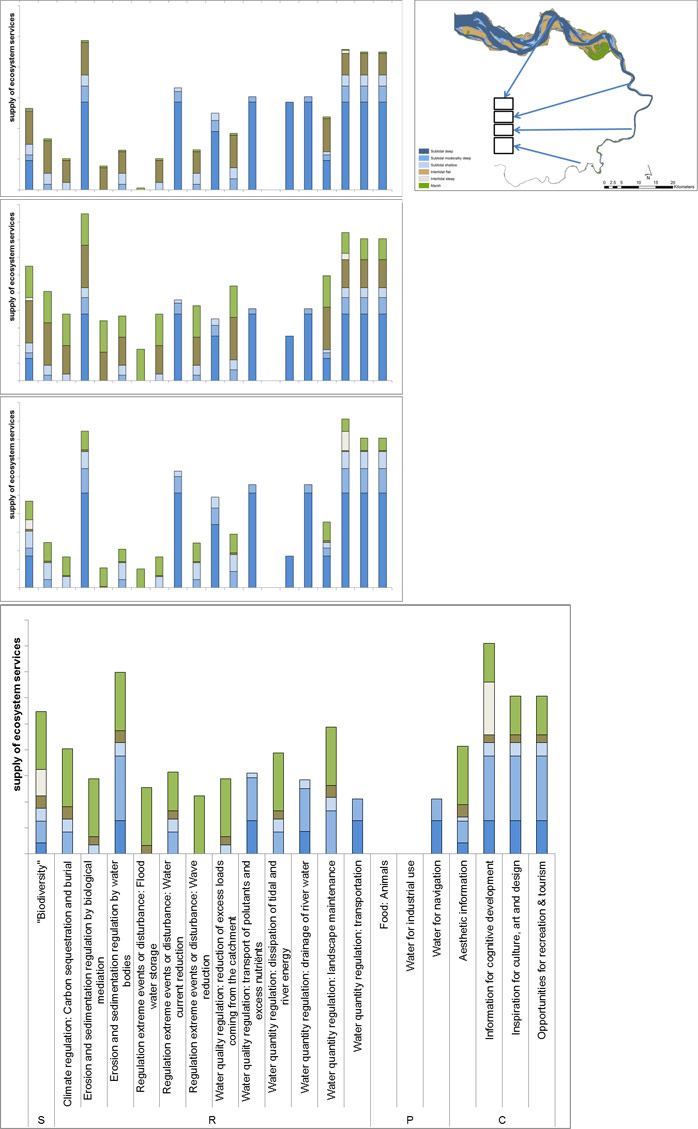 Figure 30 : Ecosystem service supply in each salinity zone of the Scheldt estuary. 
