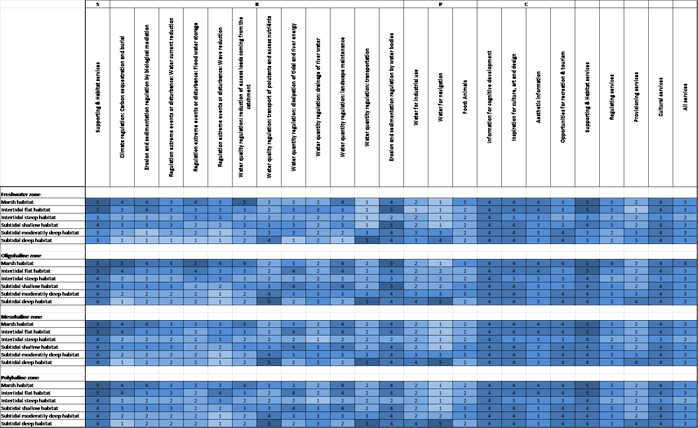 Table 3: average score matrix for estuaries similar to the TIDE estuaries.
