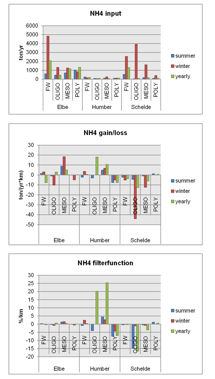 Fig. 30 Six-yearly average of ammonium input (ton/yr), gain and loss (ton/(yr*km)) and filter efficiency (%/km) per zone for Elbe, Scheldt and Humber, on a yearly, winter and summer basis. Summer = June, July, August, winter = December, January and February.