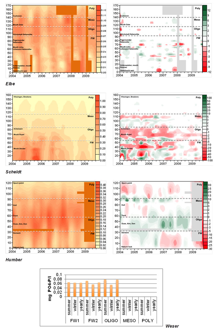 Fig. 31 Spatial (TIDE km) temporal (years)  distribution of phosphate concentration (PO4, mg P/l, left) and of phosphate gain and loss as calculated according to the conservative mixing principle (µg P/l*km, right) for the Elbe, Scheldt, Humber and Weser. Main tributaries and recognizing sampling points are shown in the surfer plots. For the Weser not enough sampling stations covered the estuarine gradient to represent the data as a surfer plot or to calculate gain and loss. Therefore only average phosphate concentrations per zone are here displayed for yearly, summer and winter period. Missing data in the time-distance plots are represented as solid filled rectangles.