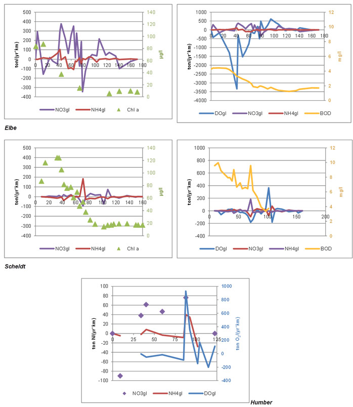 Fig. 37 Relation between nitrate & ammonium gain and loss in ton N/(yr*km) with chlorophyll a (µg/l), biological oxygen demand (mg/l) and dissolved oxygen gain and loss in ton O2/(yr*km) for Elbe, Scheldt and Humber.