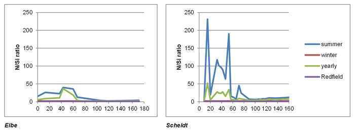 Fig. 53 Nitrogen silica molar ratios, calculated as sum of inorganic dissolved nitrogen divided by dissolved silica concentrations based upon a six-year average, represented for a yearly, summer and winter period for the Elbe and Scheldt. For the Humber and Weser to few data points were available to represent results in this way. Summer = June, July, August, winter = December, January and February.
