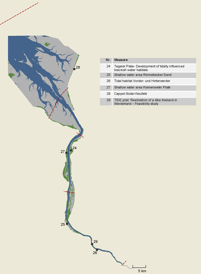 Figure 7: Locations of management measures collected according to the Elbe four estuaries with indication of the estuary zones. Similar maps can be taken from annex 10.6  