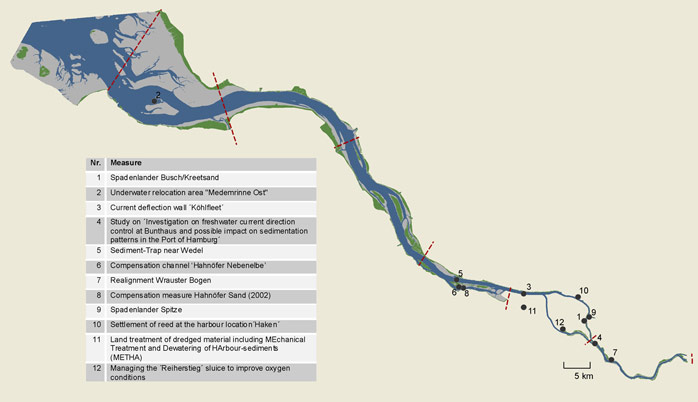 Figure 7: Locations of management measures collected according to the Elbe four estuaries with indication of the estuary zones. Similar maps can be taken from annex 10.6  