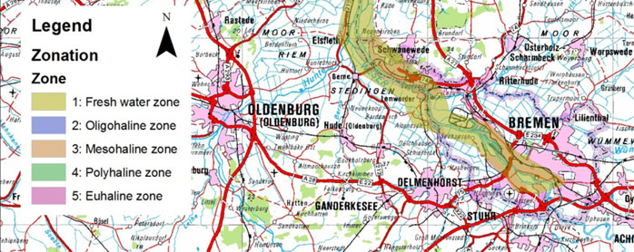 Fig. 5: Map of the zonation of the Weser estuary (level 4) 